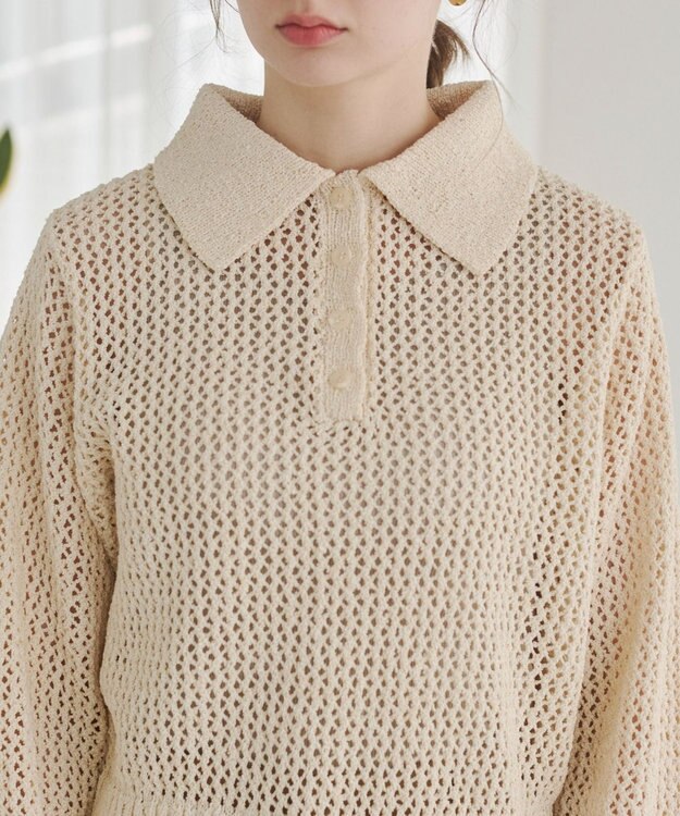 WEGO 【ANGIE VINTAGE】MIXメッシュポロニット ホワイトアイボリー