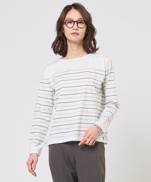 J.PRESS LADIES S バスクボーダー カットソー アクア＆ベージュボーダー系