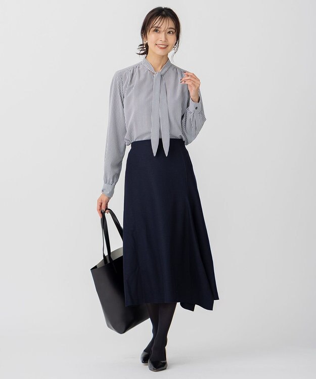 23区 S ウール圧縮スムース アシンメトリー フレアスカート ダークネイビー