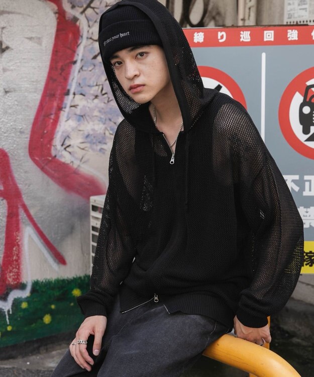 WEGO 【ユニセックス着用ITEM】メッシュニットZIPパーカー ブラック