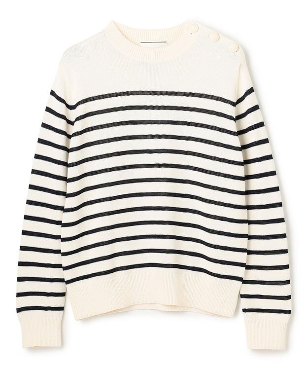 BEIGE， HELIODOR / レーヨンボーダーマリンボタンニット Ecru × Navy
