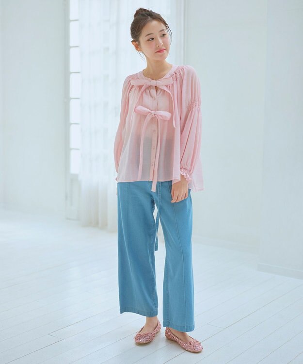 Feroux ベルト付き テンセルデニム ワイドパンツ スカイブルー系