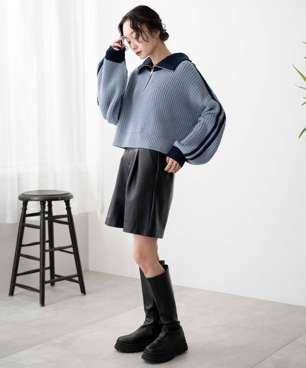 WEGO 2ラインハーフジップニットプルオーバー ブルー