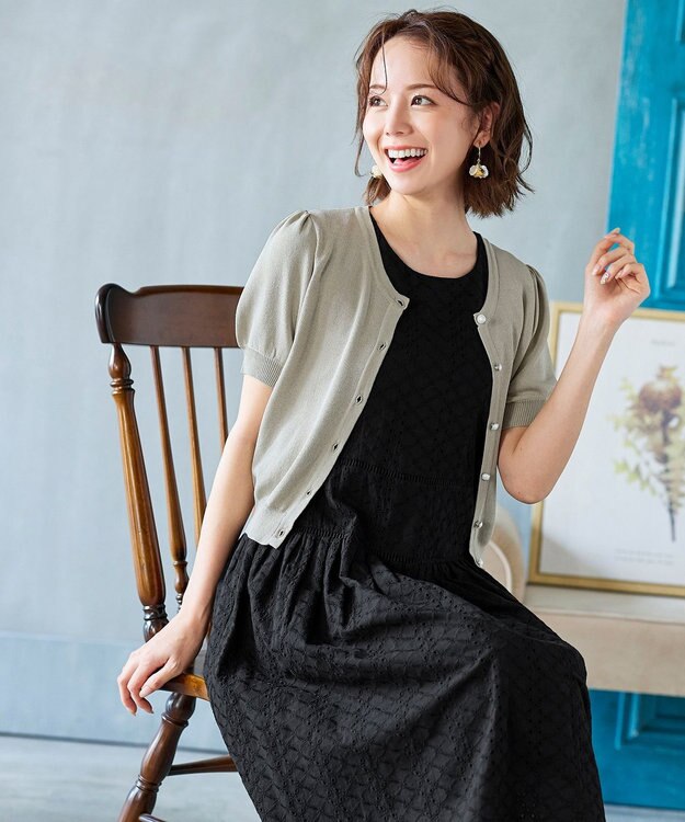 Tiaclasse L 【洗える】ひんやり心地良いパフ袖ニットカーディガン グレージュ