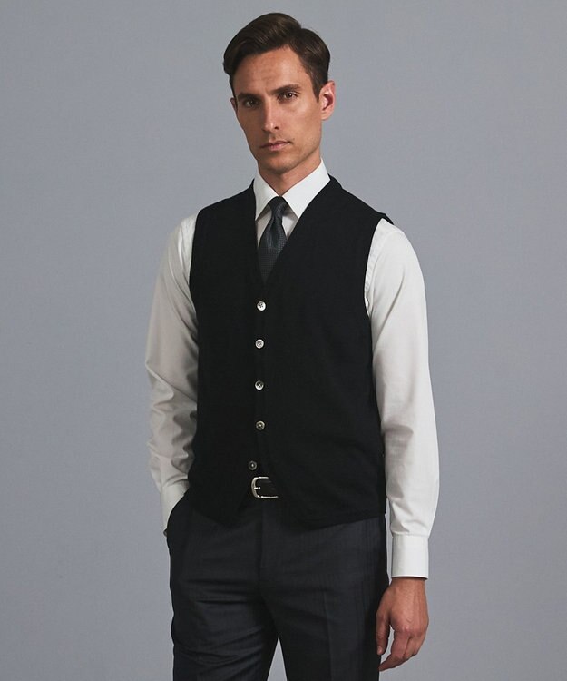 GOTAIRIKU 体温調整に【洗える/チクチクしにくい/ピリングしにくい】イタリア糸 ハイゲージ ベスト_WOOL100% ブラック系