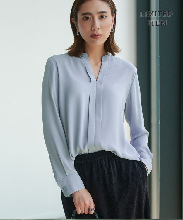 ICB L 【新色追加・WEB限定】BackSatinAmunzen キーネックブラウス サックスグレー系