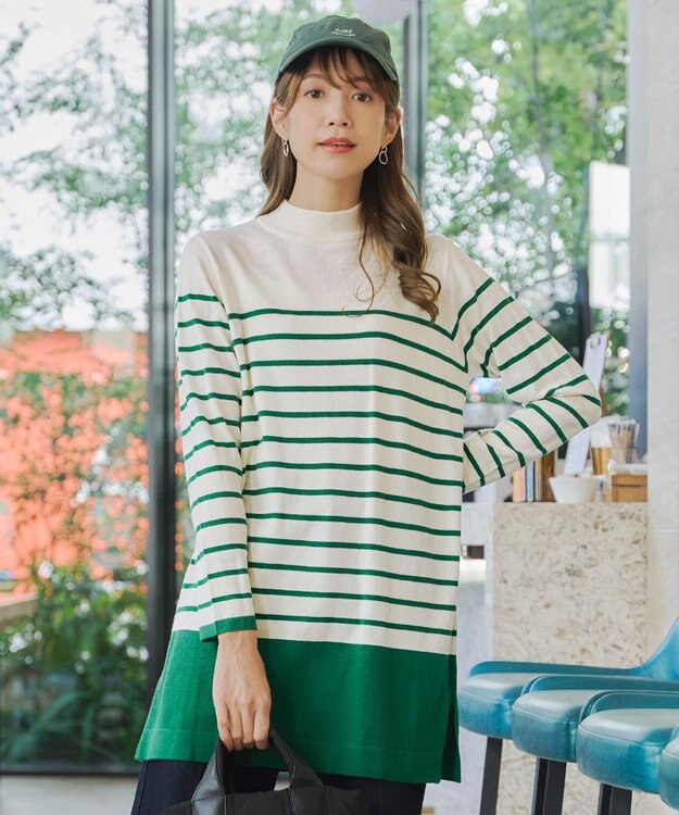 Tiaclasse 【洗える】ボーダーニットチュニック オフホワイト×グリーン