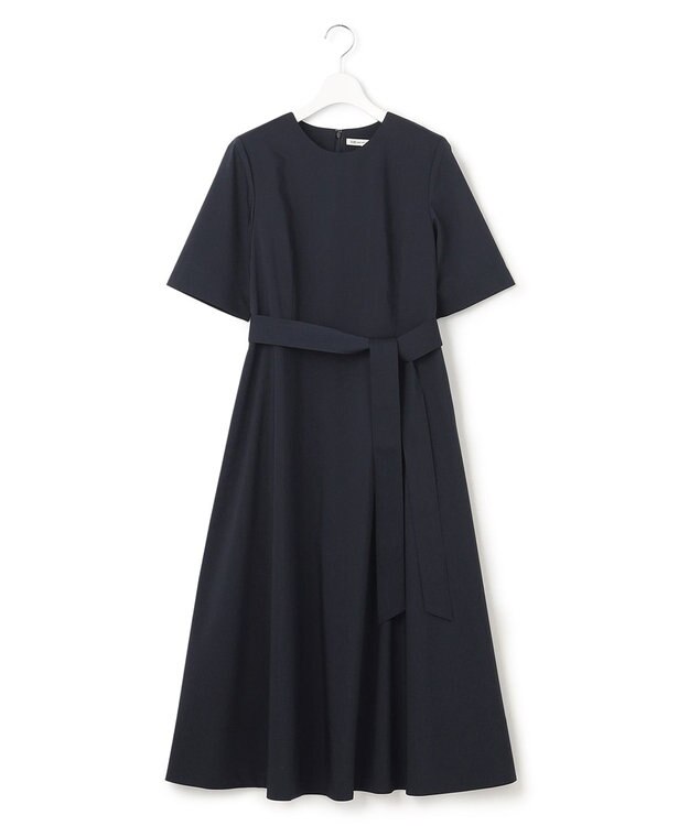 23区 L 【洗える】プレーンストレッチタフタ フレア ワンピース ネイビー系