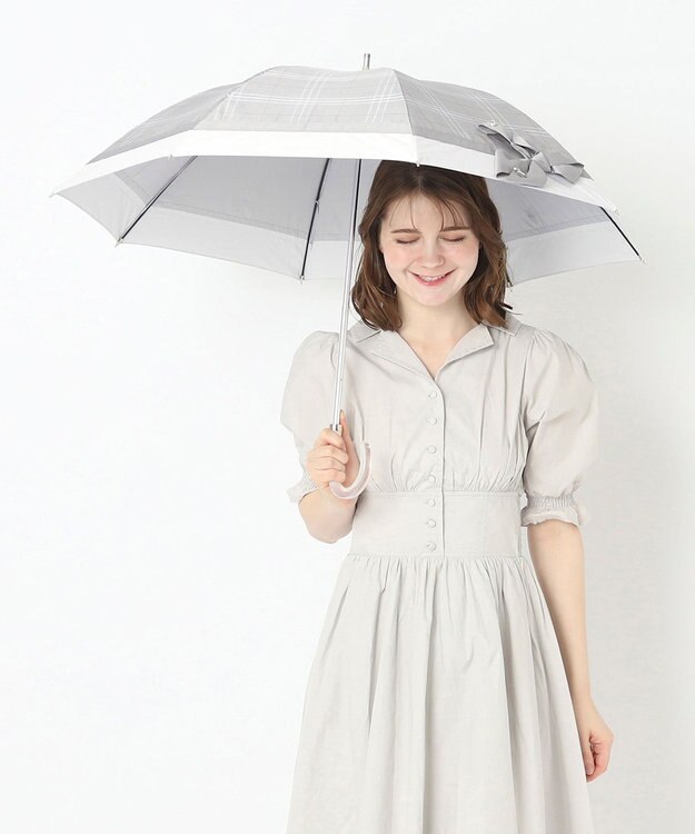 MOONBAT ランバン オン ブルー 晴雨兼用日傘 長傘 切り継ぎビジューリボン 遮光 遮熱 UV グレー（グレンチェック）