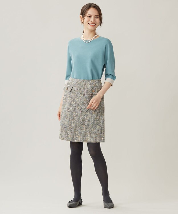 自由区 L 【アンサンブル対応・洗える】レーヨンストレッチ7分袖 ニット ブルーグレー