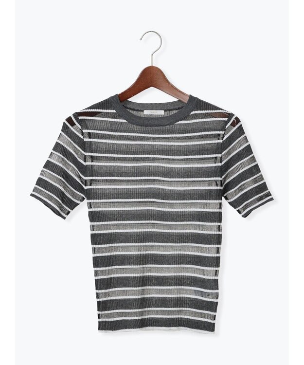 Te chichi シアーマルチボーダーハーフスリーブニット グレー