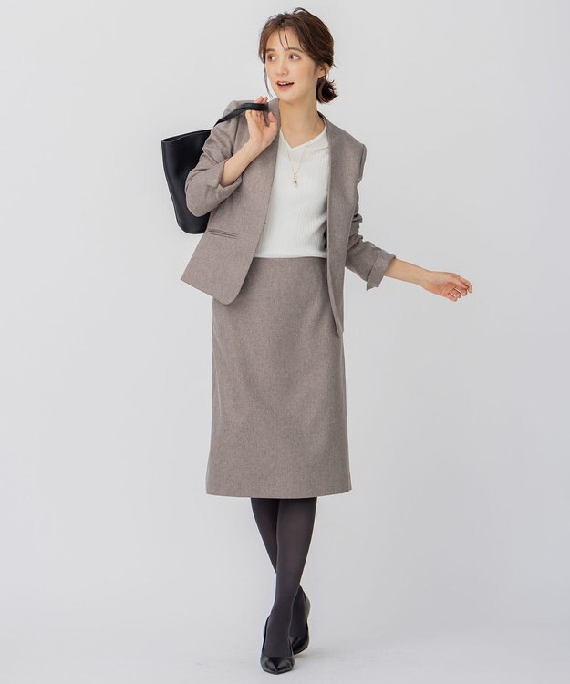 23区 L 【洗える】ウールライクカルゼ ノーカラー ジャケット ダークブラウン系