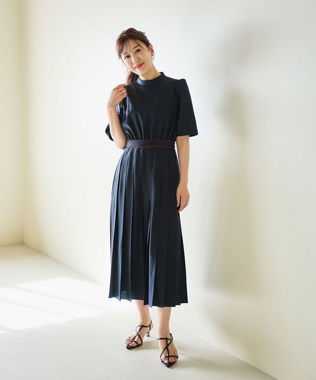 #Newans 〈花乃まりあさんコラボ〉ワイドプリーツワンピース ネイビー