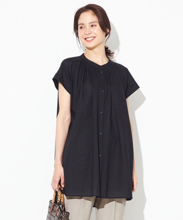 ANY 【洗える】シャーリングチュニック ブラウス ブラック系