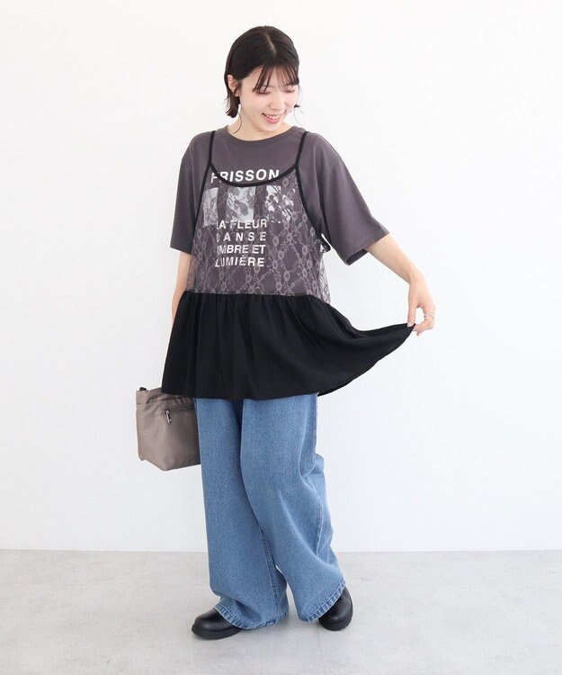 Green Parks ＳＥＴ２点フォトＴシャツ＋レースキャミビスチェ Charcoal Gray