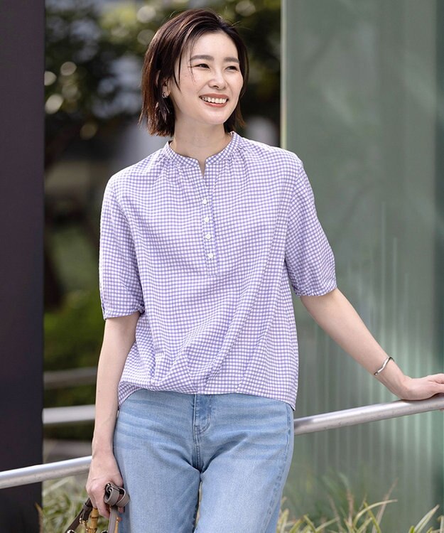 J.PRESS LADIES S 【洗える】アセVisギンガム バンドカラー ブラウス ラベンダー系