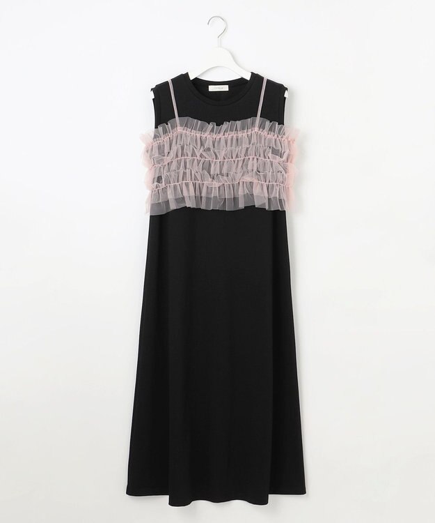 Feroux 【洗える】チュールキャミレイヤード カットソー ワンピース ブラック系