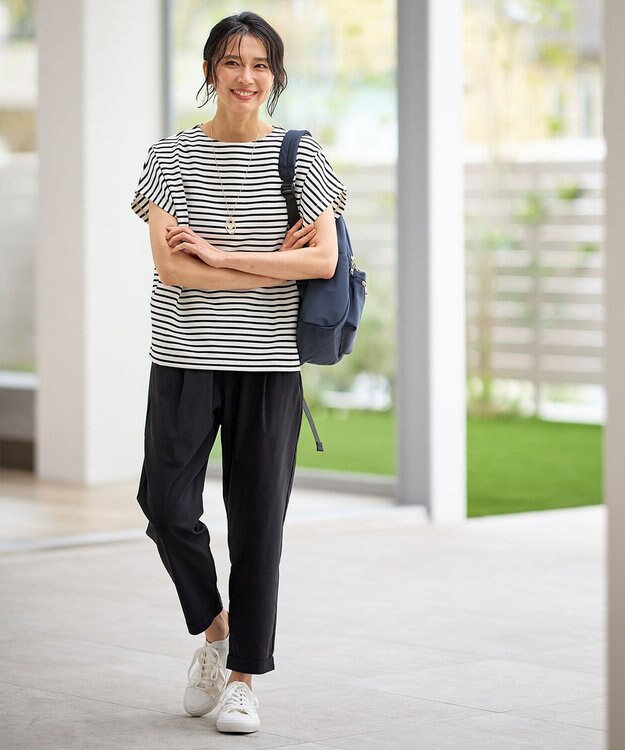 ANY 【洗濯機可/接触冷感/UVカット/アンチピリング】ドライポンチフレンチスリーブプルオーバー オフベース×ブラック