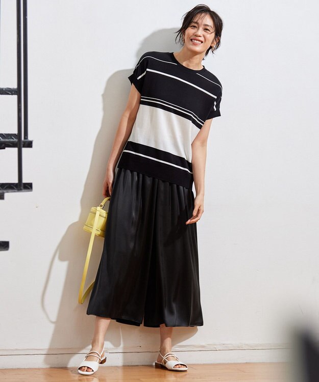 自由区 L 【カタログ掲載・セットアップ対応・ウエストゴム・洗える】セミブライトサテンギャザー パンツ ブラック