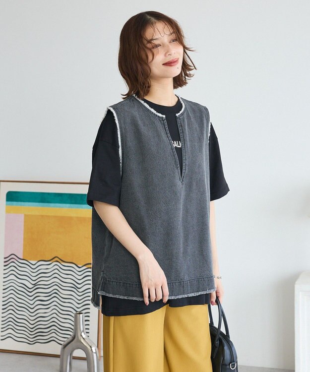 Green Parks フリンジ付きデニムベスト Black