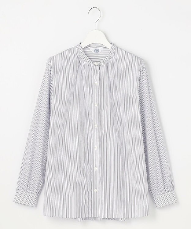 J.PRESS LADIES BEZ ドビーストライプ バンドカラー ブラウス ホワイト×パープル×ネイビー系