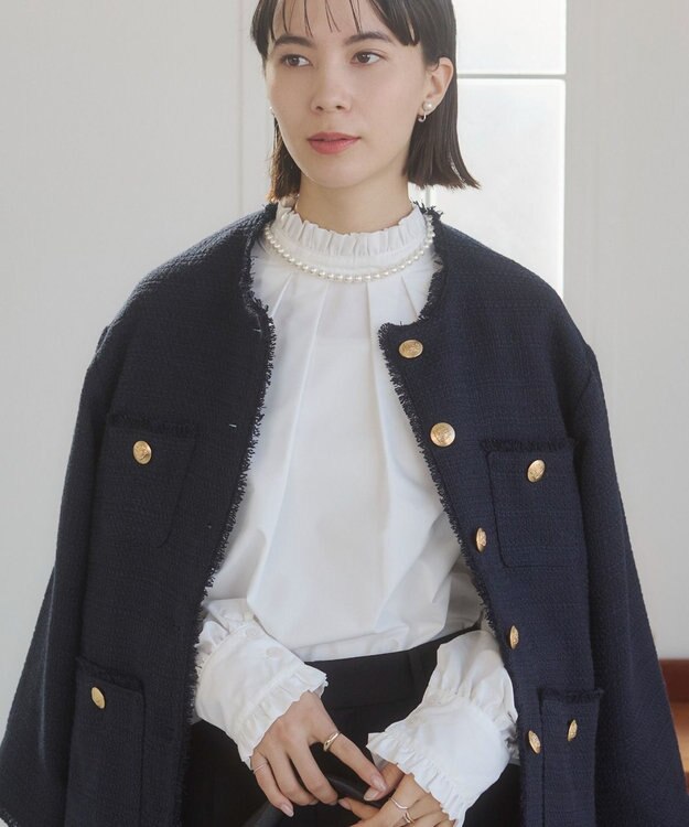 WEGO 【ANGIE VINTAGE/オケージョン対応 / セレモニー対応】ノーカラー ツイードジャケット ネイビー