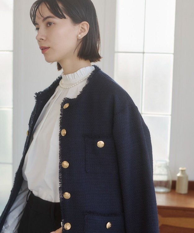 WEGO 【ANGIE VINTAGE/オケージョン対応 / セレモニー対応】ノーカラー ツイードジャケット ネイビー