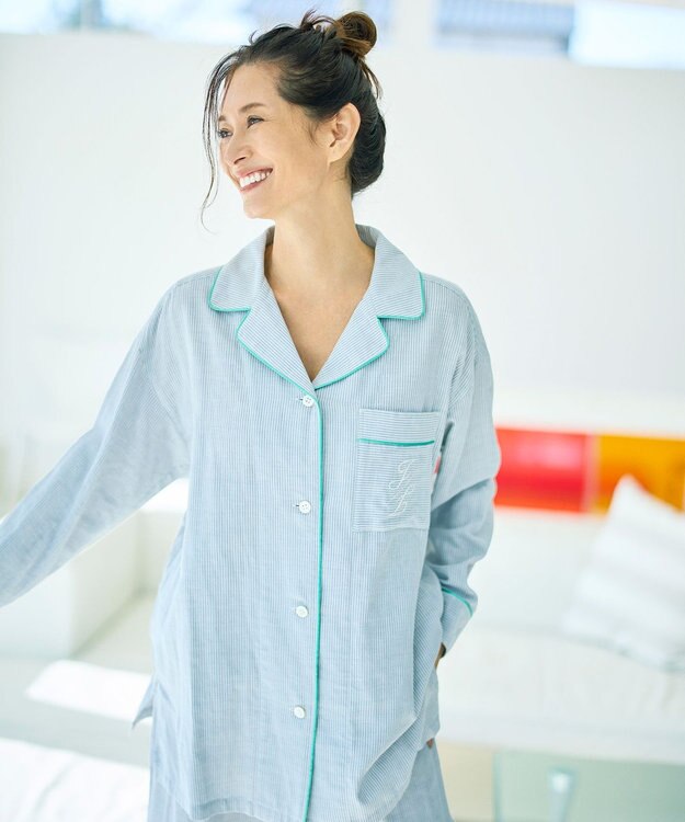 自由区 【WEB限定】オーガニックコットンパジャマ グレーストライプ×グリーン