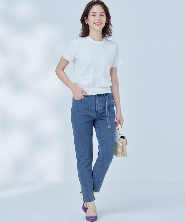 組曲 ライトデニム ベルト付きストレートパンツ インディゴネイビー系