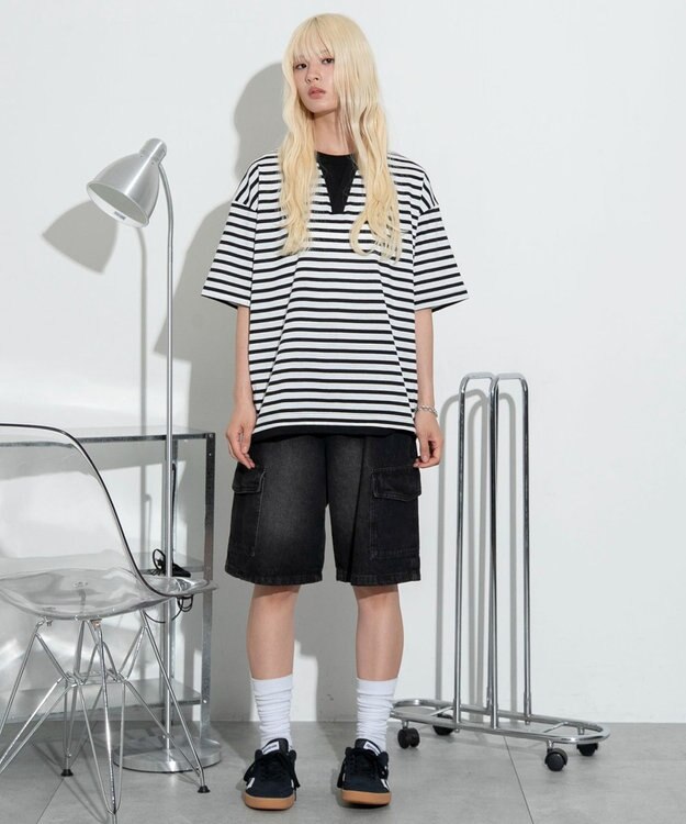 WEGO 【ユニセックス着用ITEM】キーネックフェイクレイヤードT（SS） ブラックボーダー