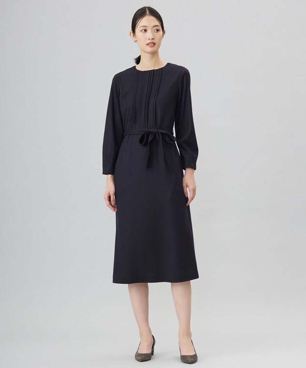 J.PRESS LADIES L 【セットアップ対応】ウールスムース タックディテール ワンピース ネイビー系
