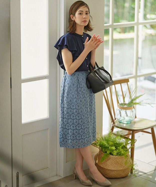 組曲 【UVケア】プレーティング天竺 パールボタンブラウス ネイビー系