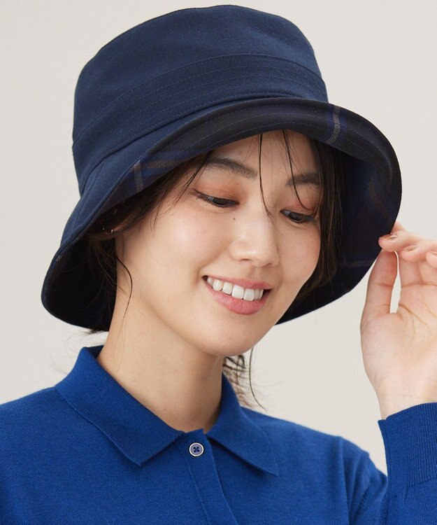 J.PRESS LADIES 【洗える・UV・畳める】Check バケット ハット ネイビー系