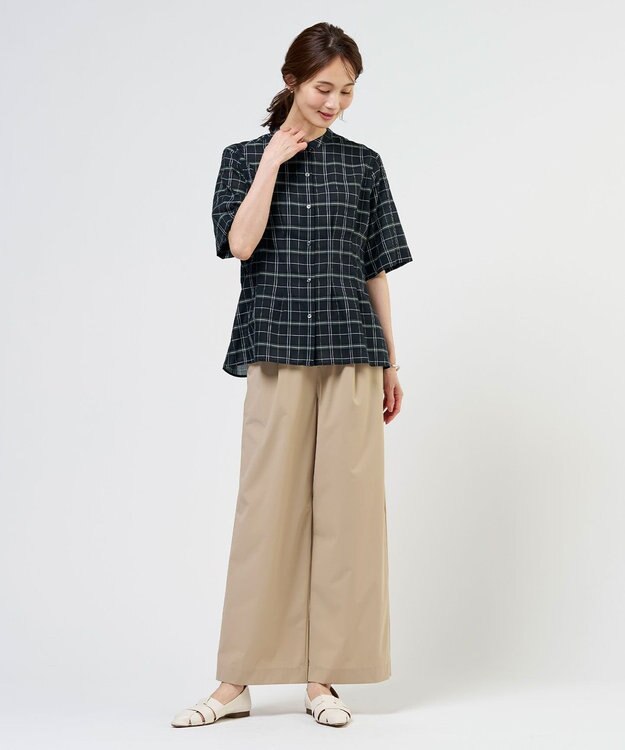 J.PRESS LADIES 【一枚で着映え】キュプラチェック  バンドカラー ブラウス ネイビー系