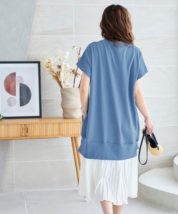 Tiaclasse 【洗える】裏毛プリーツコンビワンピース ブルー×オフ