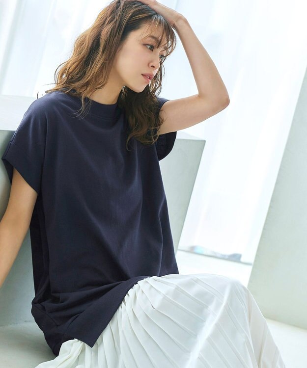 Tiaclasse 【洗える】裏毛プリーツコンビワンピース ネイビー×オフ