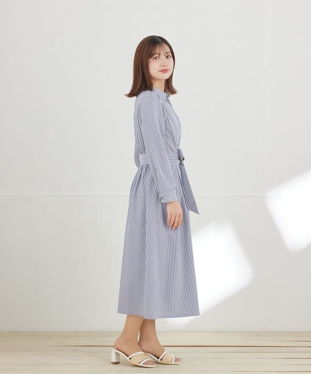 Tiaclasse L カシュクールシャツワンピース ネイビーストライプ