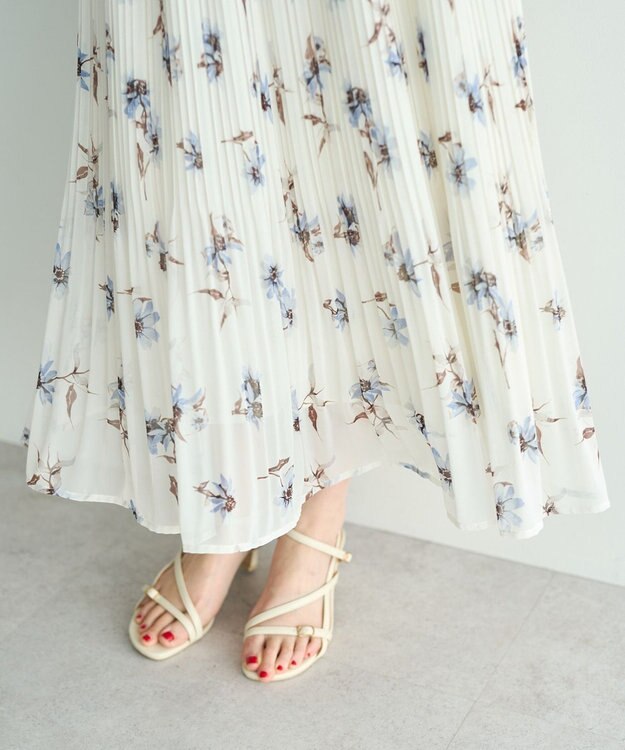 YECCA VECCA フラワー柄フリルプリーツワンピース Off White