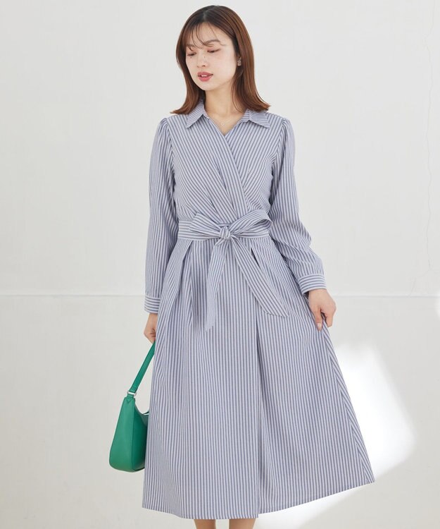 Tiaclasse L カシュクールシャツワンピース ネイビーストライプ