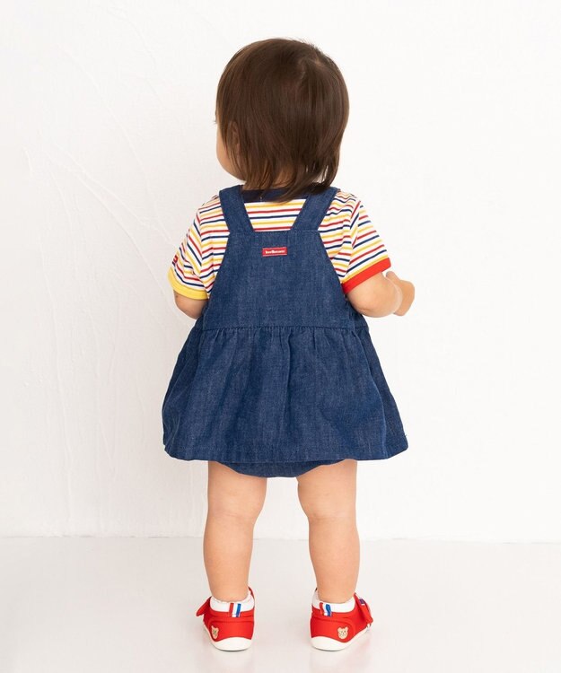 MIKI HOUSE HOT BISCUITS 【70-90cm】 顔ドン スカート付きデニムロンパース 紺