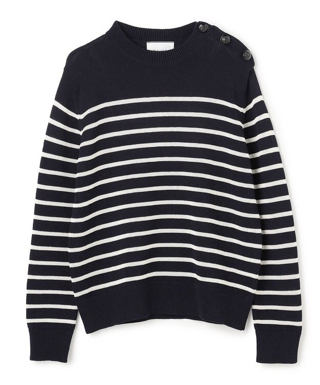 BEIGE， HELIODOR / レーヨンボーダーマリンボタンニット Navy × Ecru