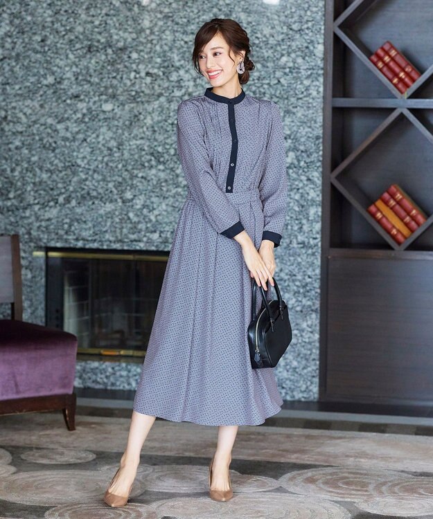 Tiaclasse 【新色追加・洗える】配色バンドカラー幾何学柄ワンピース ブルー