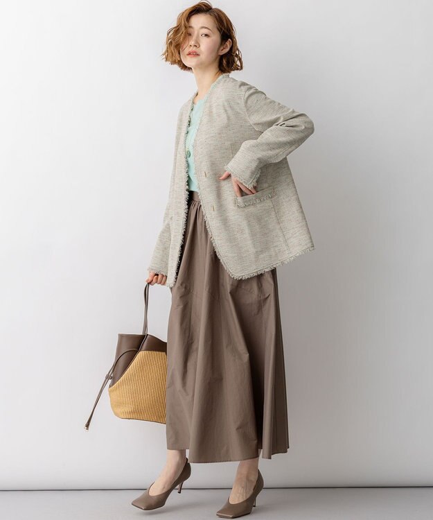 23区 【先行予約】リネンライクブッチャー フリンジノーカラージャケット ライトグリーン系