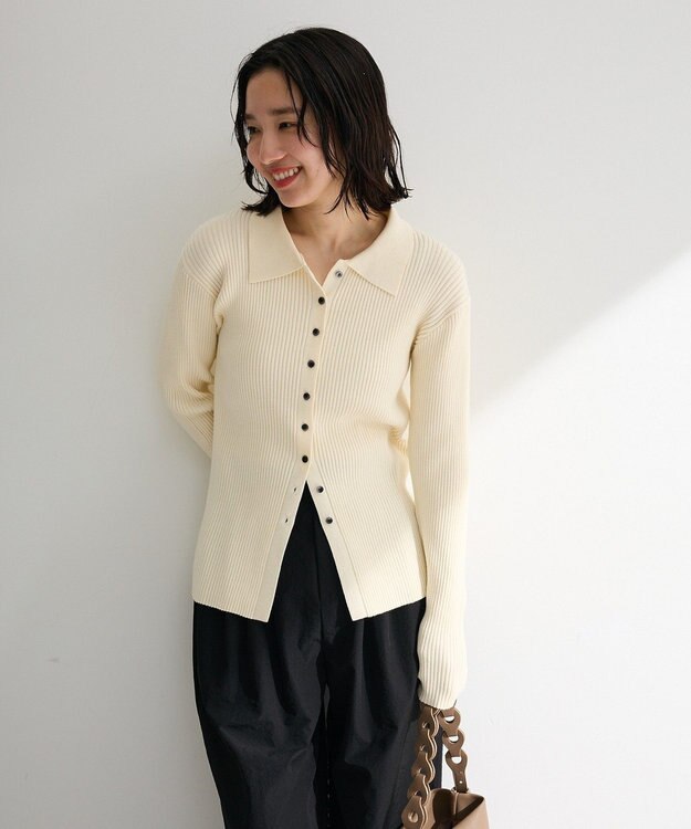 Green Parks 襟付きリブニットカーディガン Ecru