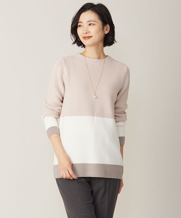 J.PRESS LADIES L 【洗える】CLEAR COTTON BLEND カラーブロック ニット ピンク系1