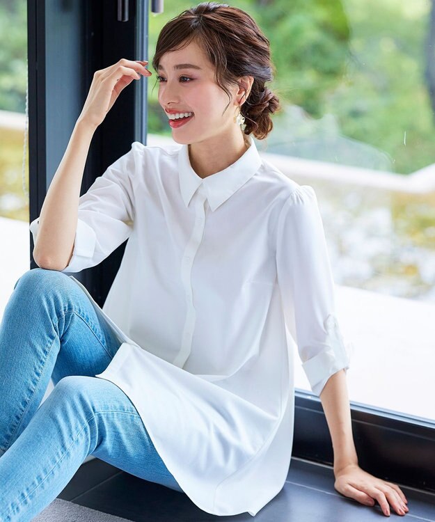 Tiaclasse 【洗える】フレアシャツチュニックブラウス オフホワイト