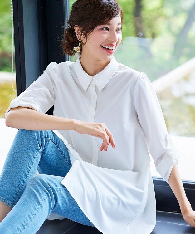 Tiaclasse 【洗える】フレアシャツチュニックブラウス オフホワイト