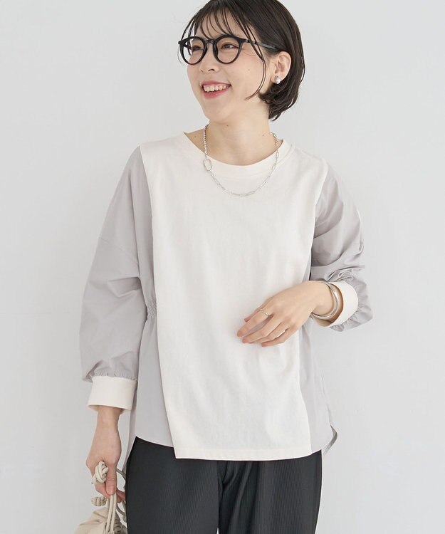 Green Parks ７分袖サイドシャーリングドッキングプルオーバ Off White