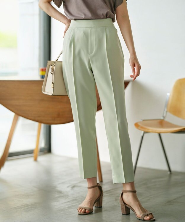 組曲 【美シルエット・ストレッチ・シワになりにくい】オシャクロス テーパードパンツ スモーキーグリーン系