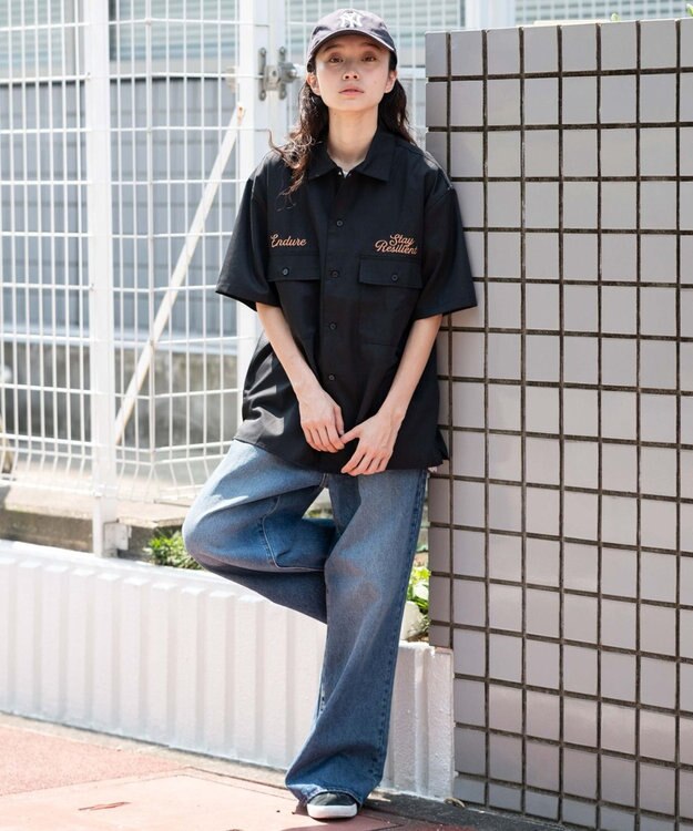 WEGO 【ユニセックス着用ITEM】刺繍ロゴツイルワークシャツ ブラック